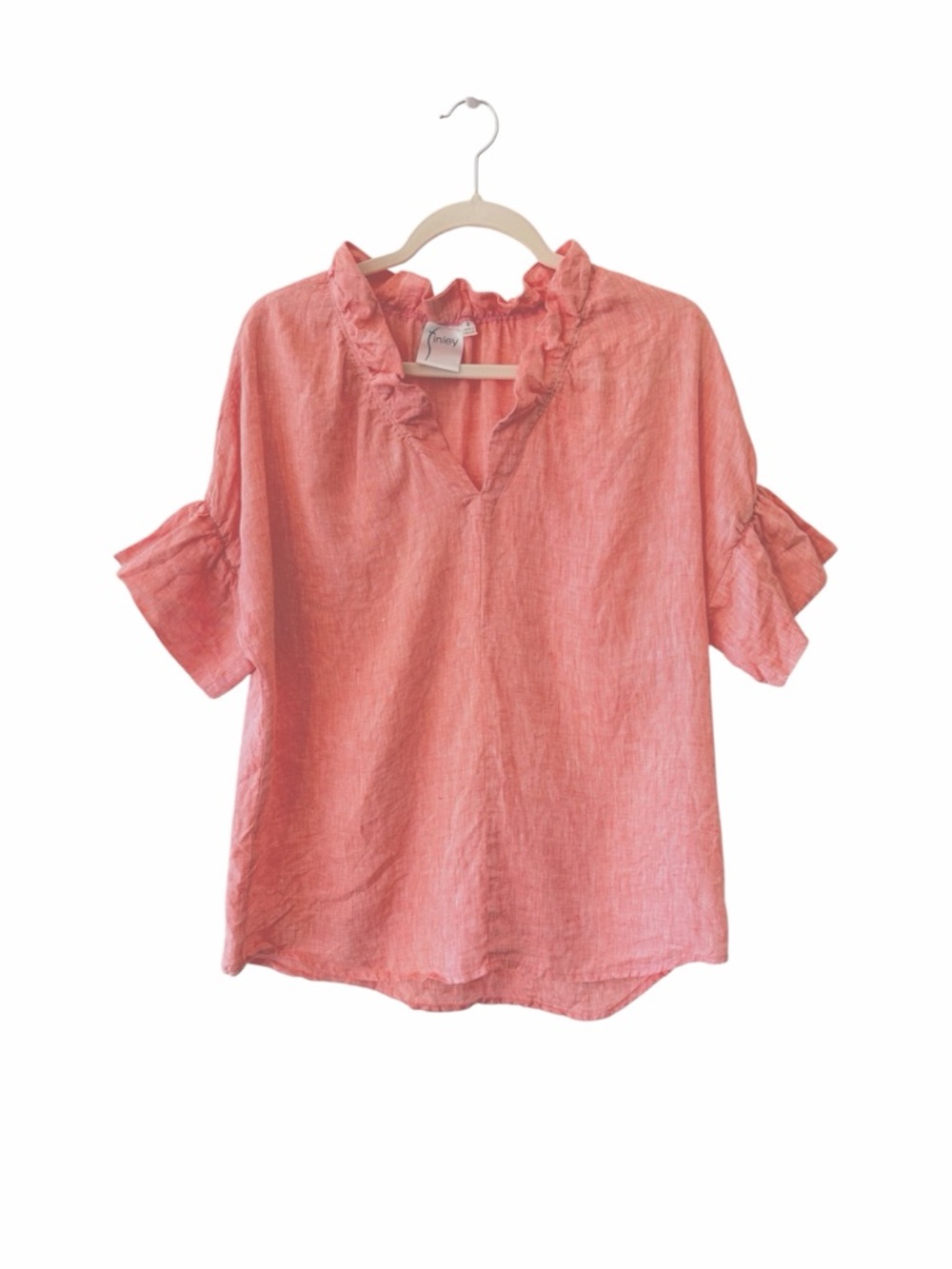 Rare FINLEY Best Selling Pink 100% Linen Crosby Ruffle Top Relaxed Fit SMALL